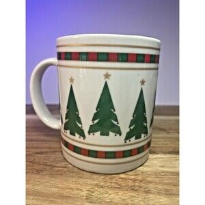 Vintage 1989 Christmas Tree Forest Gold Star Houston Foods Coffee Cocoa Mug Cozy